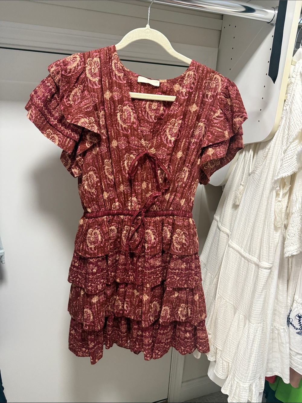 Ulla Johnson Burgundy Floral Ruffle Tiered Midi Dress